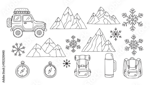 Collection of handdrawn winter adventure and exploration themed icons featuring a rugged offroad vehicle, majestic snowy mountains, unique snowflakes, and essential outdoor gear perfect for