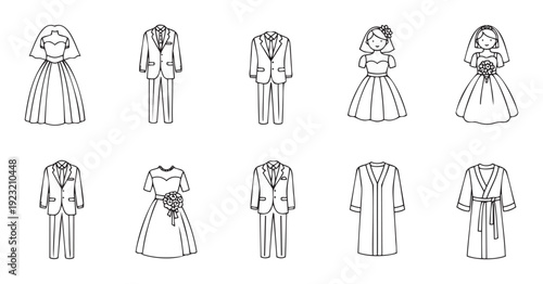 Variety of wedding dresses and formal suits presented in a line drawing style, ideal for event invitations, bridal shop branding, or wedding planning resources