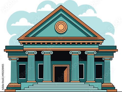 Grand neoclassical building illustration in teal and cream featuring six Ionic columns a pediment and steps.