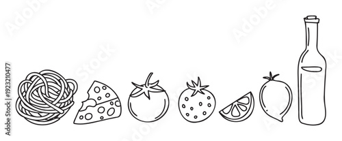 Simple black outline featuring various cooking and meal preparation items like spaghetti, cheese, tomato, strawberry, and lemon in a line row for culinary concepts