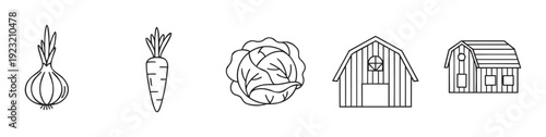Outline drawings of various farm vegetables including onion, carrot, and cabbage with traditional agricultural buildings like a barn and shed, ideal for farming themed educational materials