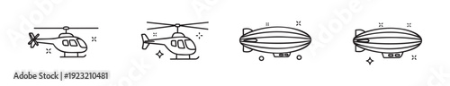 Modern line icons featuring various aerial vehicles including helicopters and blimps for user interface elements, infographics, and digital transportation applications