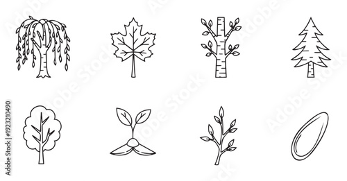 Collection of handdrawn line icons featuring different tree types, a maple leaf, a seedling, and seeds, perfect for naturethemed graphic projects and educational resources