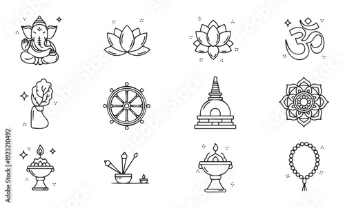 A comprehensive collection of Hindu and Buddhist spiritual symbols featuring Ganesha, Om, lotus, dharma wheel, and mandala icons, suitable for meditation, cultural, and worshipthemed