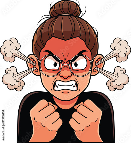 Furious cartoon woman with red face clenched fists and steam coming from her ears.