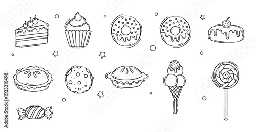 Delicious assortment of sweet desserts and sugary snacks, including cake, donuts, pies, and candies, perfect for foodrelated projects and confectionery advertisements