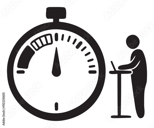 A symbolic depiction of focused work and precise time management showcasing a stopwatch next to a person using a laptop at a standing desk, perfect for productivity and deadline themes.