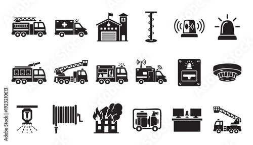 Collection of emergency response and firefighting service icons featuring various fire trucks, ambulance, fire station, and safety equipment for graphic resources, user interface, web, and