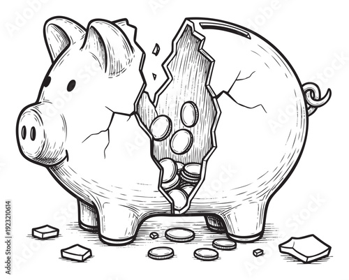 A cracked piggy bank spilling out coins, symbolizing financial hardship or the depletion of savings for budgeting and economic topics