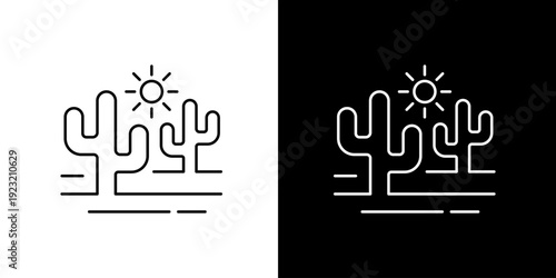 Minimalist desert landscape line art icon with stylized saguaro cacti and a bright shining sun, representing an arid environment for web and app design