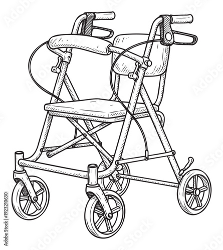 Black and white drawing of a medical rollator providing essential mobility assistance for elderly individuals and those requiring walking support useful for healthcare publications and