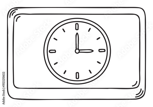 Simple hand drawn clock showing three oclock inside a rectangular frame useful for time management concepts, deadlines, and schedule reminders in educational materials or event planning