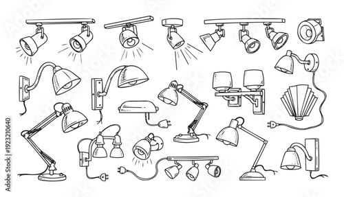 Comprehensive collection of various lighting fixtures, including modern spotlights, functional desk lamps, and stylish wall sconces, perfect for interior design inspiration and