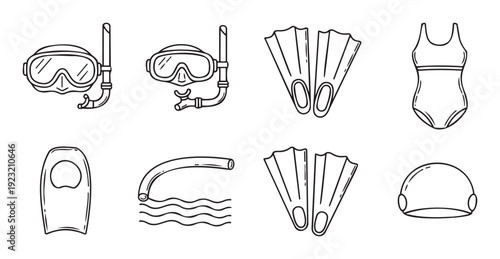 Collection of hand drawn outline swimming and snorkeling equipment icons perfect for summer vacation activity guides, aquatic sports advertisements, and pool party invitations