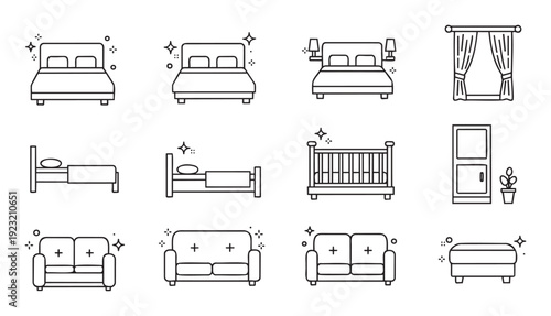 A comprehensive set of outline icons representing essential bedroom and living room furniture pieces such as double beds, single beds, baby cribs, sofas, and ottomans, ideal for home decor