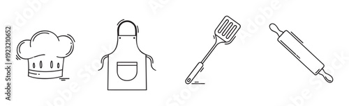 Collection of essential kitchen tools and chefs uniform items presented as simple line icons perfect for cooking blogs recipe websites and food industry branding