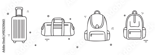 Modern line icons presenting essential travel baggage types like rolling suitcases, duffel bags, and various backpacks, perfect for tourism applications and web user interfaces.