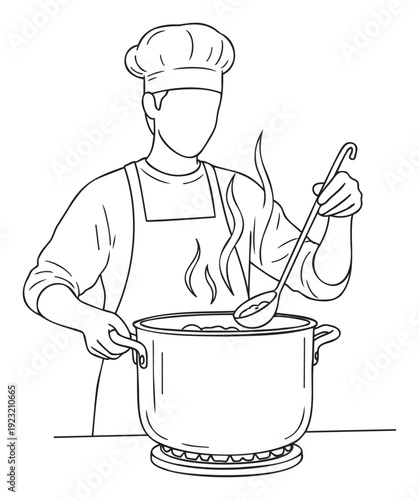 Professional chef preparing delicious meal in a large pot with a ladle, stirring ingredients on a stove, perfect for culinary blogs, restaurant menus, cooking class promotions, and food