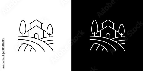 Modern minimalist line art icon illustration depicting a serene rural landscape with charming houses and rolling hills, ideal for elegant property branding