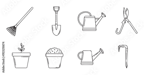 Collection of essential gardening tools and planting items presented in a simple outline style perfect for horticulture guides or outdoor hobby publications