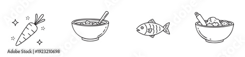 Hand drawn outline food icons featuring a fresh carrot, a serving of soup, a whole fish, and a bowl of meatballs, ideal for culinary blogs, menu design, and healthy eating applications.