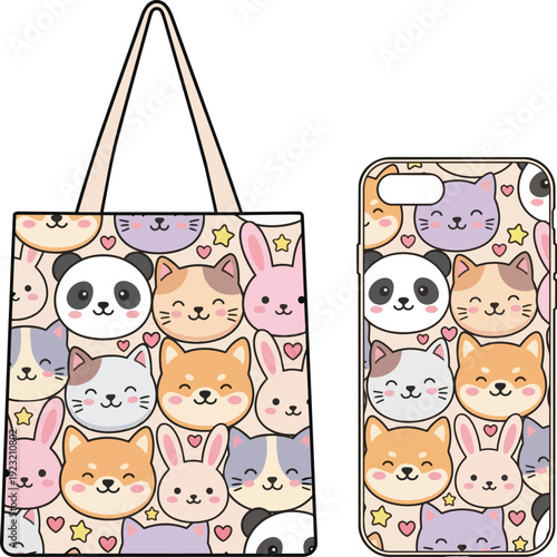 A delightful collection of cute cartoon animal faces, including pandas, cats, dogs, and bunnies, adorning a tote bag and a phone case.
