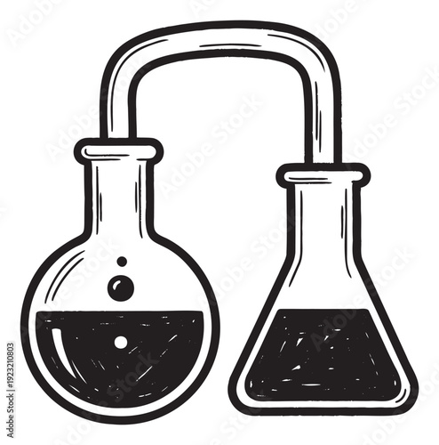 Scientific experiment setup featuring two laboratory flasks connected by a tube, containing liquids and bubbles, perfect for educational materials or sciencerelated marketing.