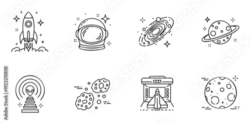 Essential space exploration themed icons featuring a rocket, astronaut helmet, spiral galaxy, ringed planet, alien, asteroids, and a space shuttle for educational and science media projects