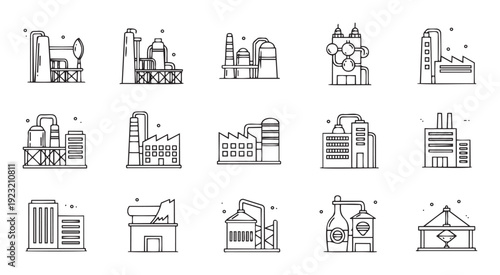 Outline icons of industrial facilities and factory buildings for manufacturing and energy production graphic resources perfect for business presentations and technology related applications