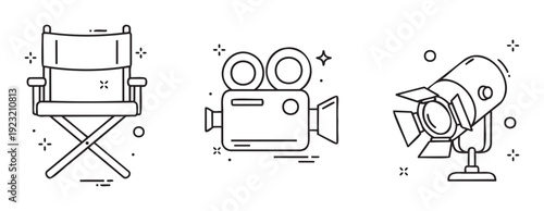 Essential professional production equipment icons featuring a classic directors chair, an old movie film camera, and a stage spotlight perfect for cinematic arts projects and media industry