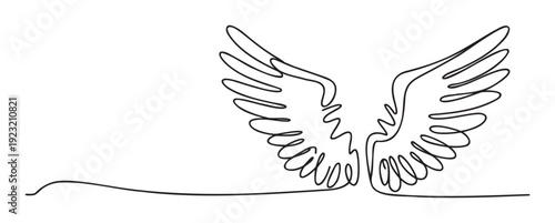 Continuous line drawing of graceful wings represents freedom and spirituality, perfect for motivational posters, apparel, or inspirational branding and decoration.