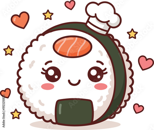 A cute, kawaii-style illustration of a smiling onigiri character wearing a chef's hat, surrounded by hearts and stars.