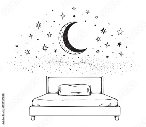 A serene handdrawn illustration depicting a comfortable bed under a starry night sky with a crescent moon, perfect for cozy bedroom decor or enchanting childrens sleep stories.