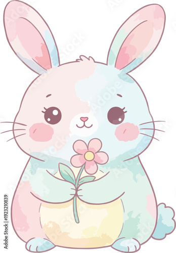 A cute, pastel-colored cartoon bunny holding a delicate pink flower with a gentle expression.