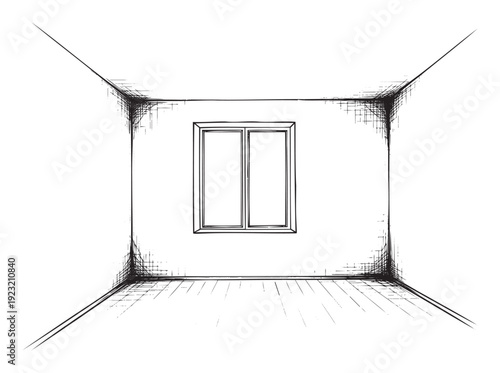Empty room view with a centered window, rendered in a distinctive distressed line style, excellent for conveying interior space or architectural concepts.