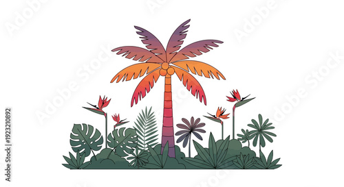 Tropical Sunset Palm Tree with Exotic Flowers and Jungle Plants on White Background