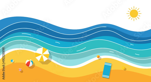 Vibrant Beach Scene with Ocean Waves, Umbrella, Towel, and Sun