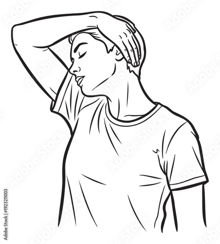 Person performing a gentle neck stretch or selfmassage, illustrating relaxation and selfcare for wellness, physical therapy, and stress relief publications