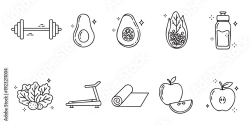 Collection of line icons representing health, fitness, exercise, and nutritious food choices for modern lifestyle applications and digital media assets.