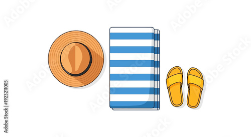 Summer Beach Essentials: Straw Hat, Striped Towel, and Flip-Flops on White Background