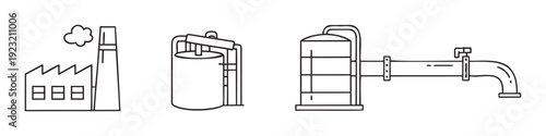Industrial infrastructure icons representing factory production, water treatment facilities, and resource management for engineering diagrams or environmental studies