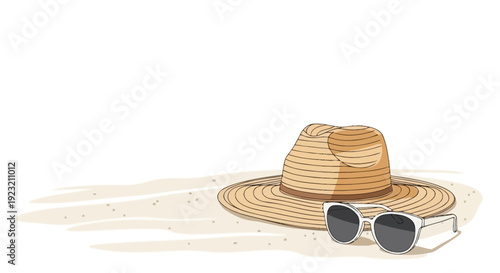Summer Beach Essentials: Straw Hat and Sunglasses on Sandy Shore