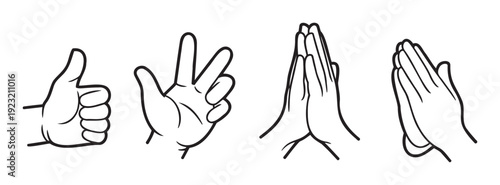 A collection of universal hand gestures conveying approval, peace, prayer, and applause, ideal for communication, user interface, or instructional materials.