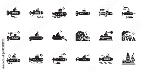 Set of solid submarine glyph icons depicting underwater exploration, naval vessels, and maritime activities, perfect for user interface elements, infographics, and educational resources.