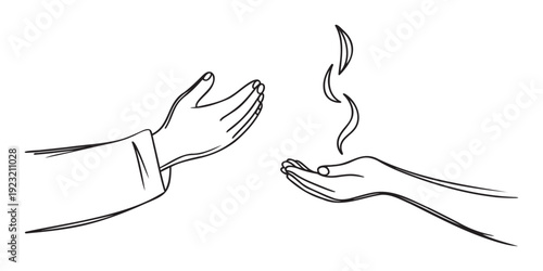 Minimalist line drawing portraying human hands in an act of offering and receiving subtle flowing elements, symbolizing connection, spiritual support, or shared energy for various media