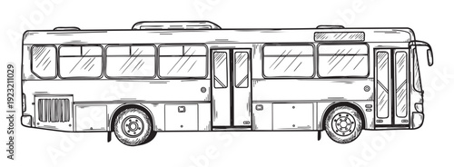 Detailed black line drawing of a city bus, ideal for public transportation themes, urban travel concepts, or as a graphic element in various visual projects