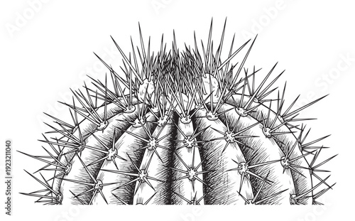 Spiky desert cactus plant with sharp needles in a monochrome engraved style, perfect for botanical prints, nature guides, book covers, or graphic decor projects.