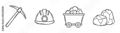 Industrial resource extraction themed outline graphics showcasing essential mining implements such as a pickaxe hardhat a fully loaded ore wagon and geological raw stones perfect for
