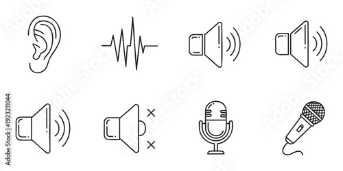 A collection of simple black line icons representing sound, hearing, audio devices, and volume levels, useful for user interfaces, web applications, or digital media projects.