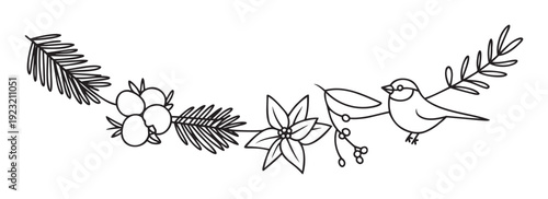 Monochrome outline holiday wreath featuring festive evergreen branches, winter berries, a poinsettia bloom, and a charming little bird for seasonal greetings and decoration